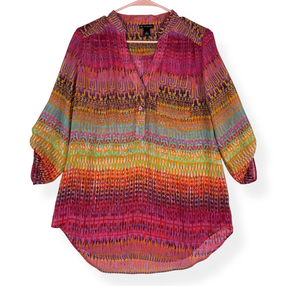 New Directions Chiffon Top Womens‎ S Small 3/4 Sleeves Bright Color Scheme